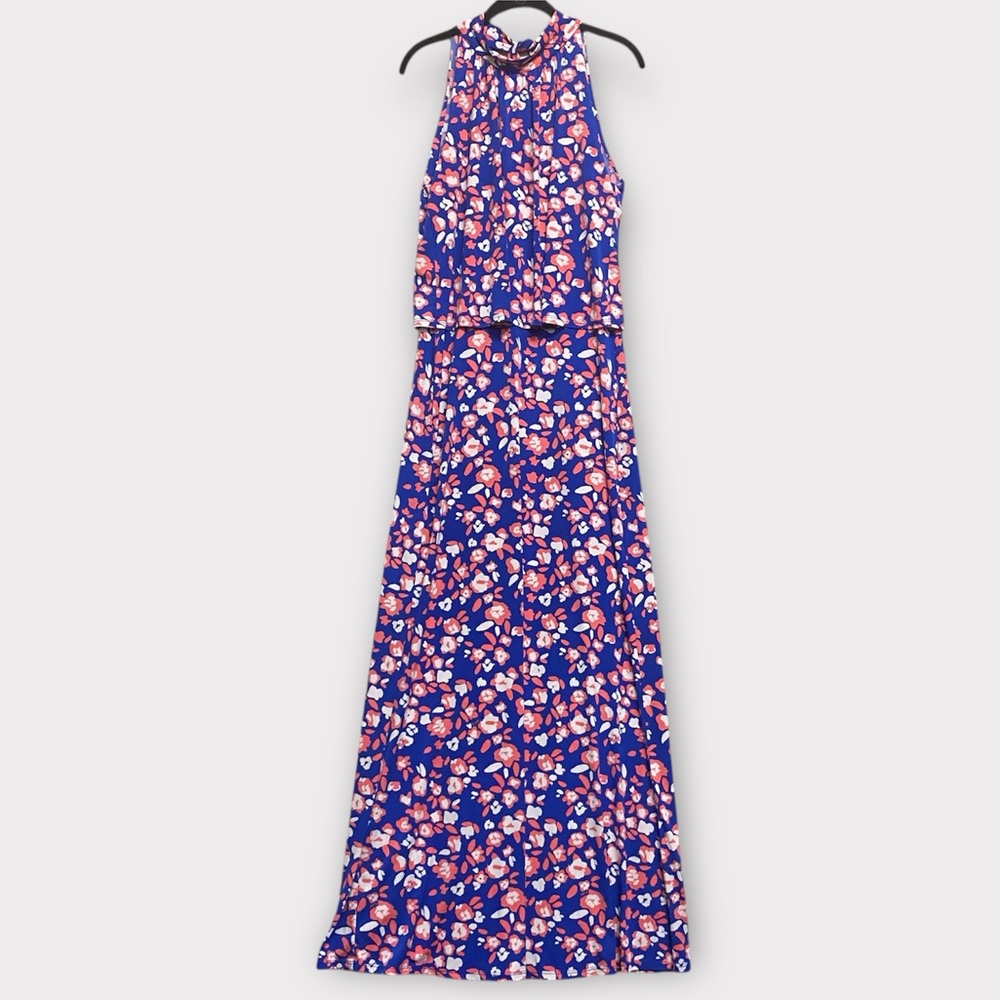 Leota Women’s Dress Large Floral Maxi Jersey Popover Tie Neck Feminine